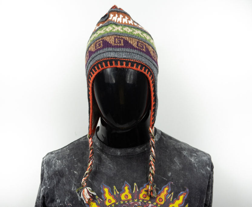 Alpaka Mütze 2in1 (Chullo) Grau mit diversen farbigen Mustern