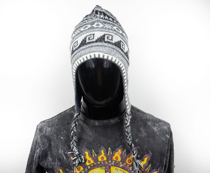 Alpaka Mütze 2in1 (Chullo) Hellgrau marmoriert mit diversen Mustern