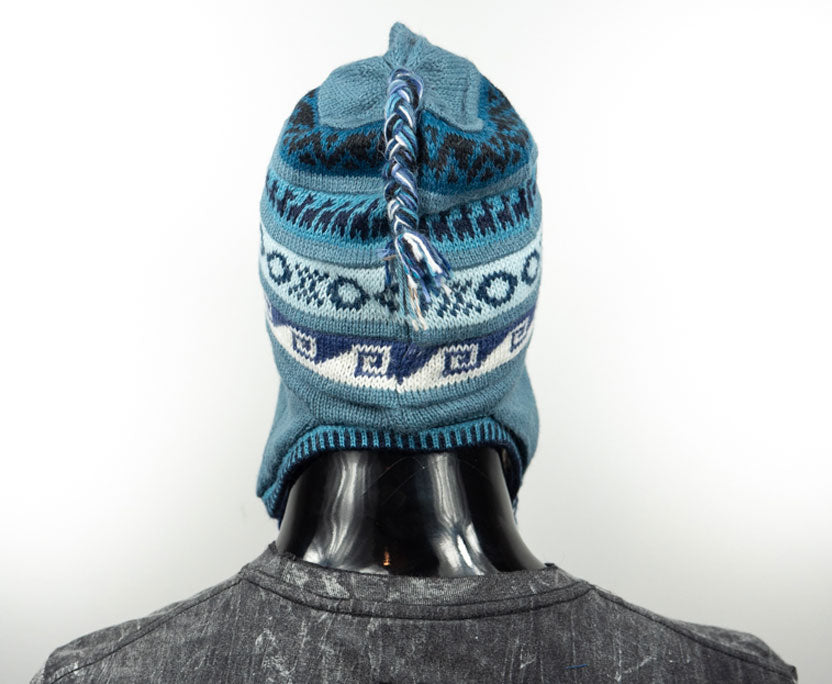 Alpaka Mütze 2in1 (Chullo) Blaugrau mit diversen bläulichen Mustern