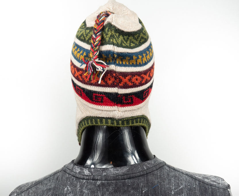 Alpaka Mütze 2in1 (Chullo) Hellbeige mit diversen farbigen Mustern