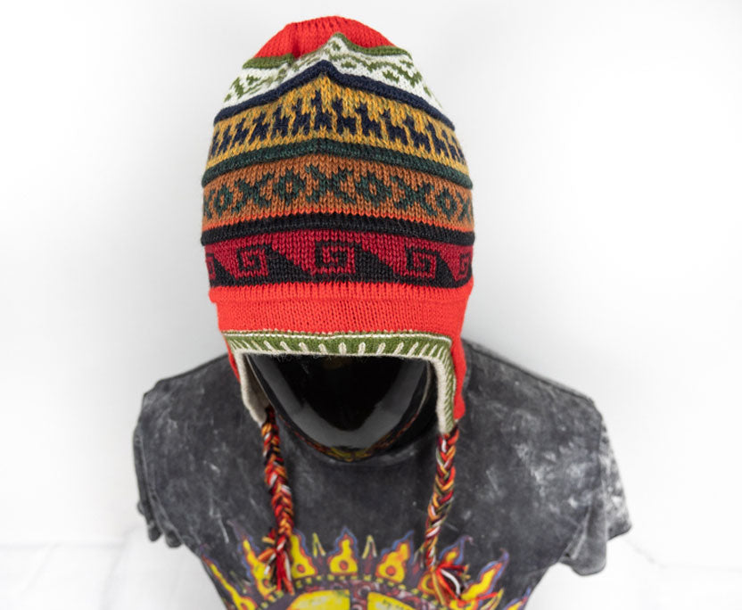 Alpaka Mütze 2in1 (Chullo) Rot mit diversen farbigen Mustern
