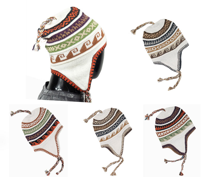 Alpaka Mütze 2in1 (Chullo) Weiß mit diversen farbigen Mustern