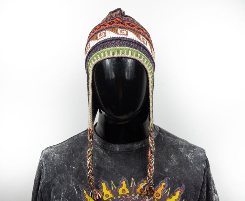 Alpaka Mütze 2in1 (Chullo) gräuliches Lila marmoriert mit diversen Mustern