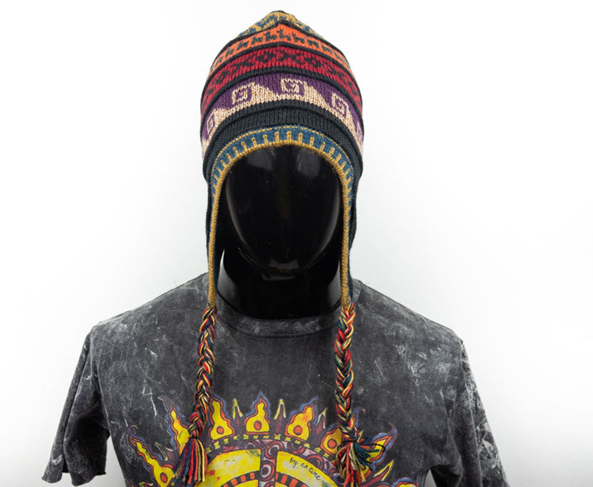 Alpaka Mütze 2in1 (Chullo) schwarz mit diversen farbigen Mustern