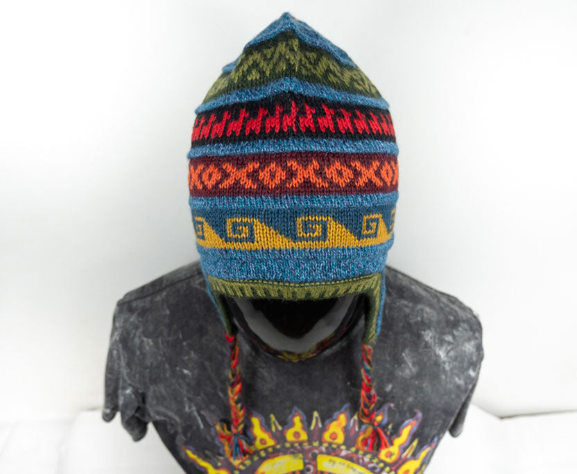 Alpaka Mütze 2in1 (Chullo) Denim Blau marmoriert mit diversen farbigen Mustern
