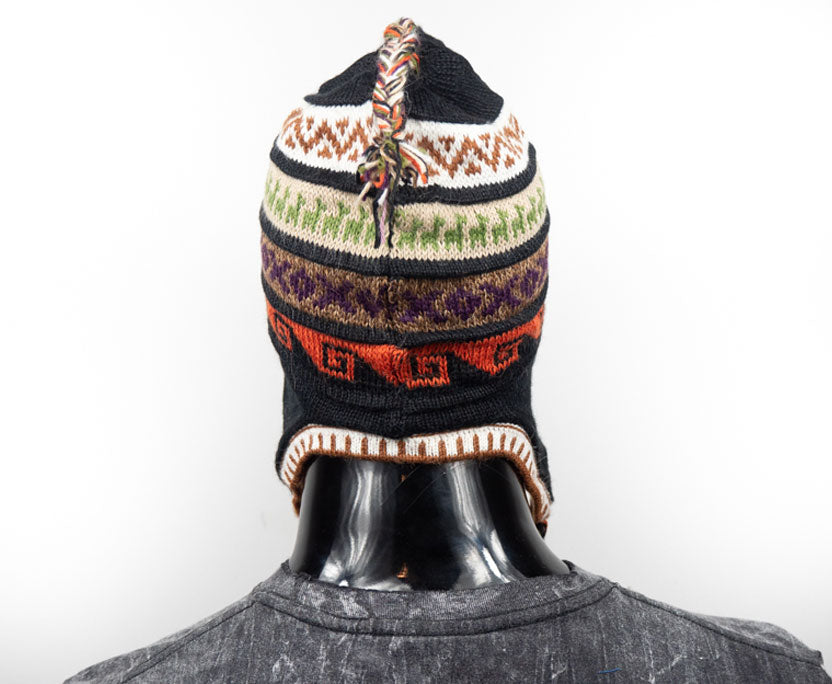 Alpaka Mütze 2in1 (Chullo) schwarz mit diversen farbigen Mustern