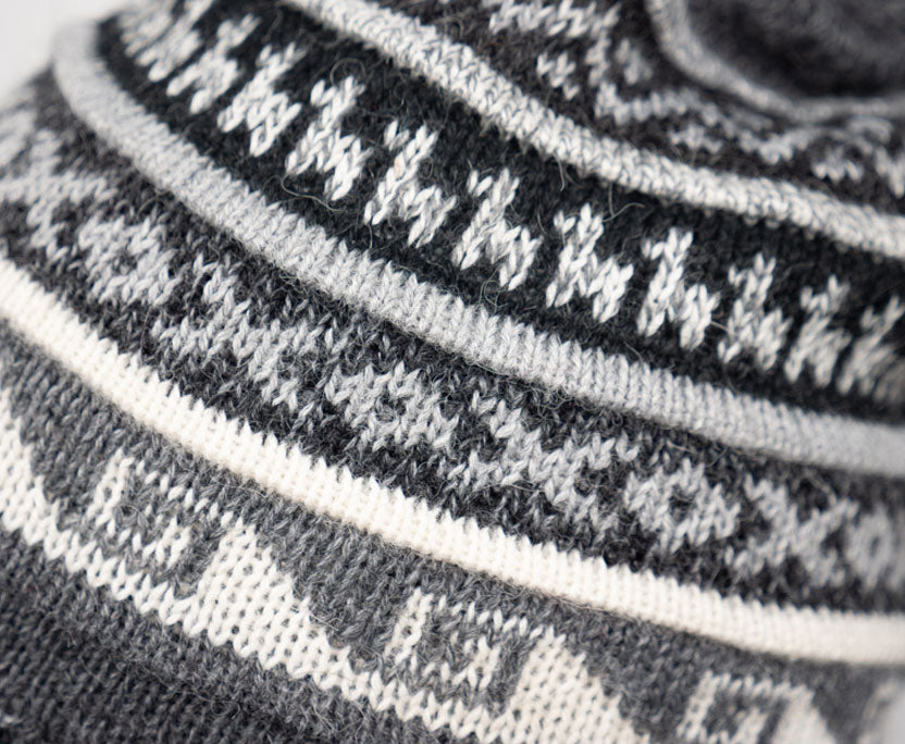 Alpaka Mütze 2in1 (Chullo) Dunkelgrau mit diversen Mustern