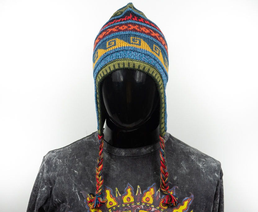 Alpaka Mütze 2in1 (Chullo) Denim Blau marmoriert mit diversen farbigen Mustern