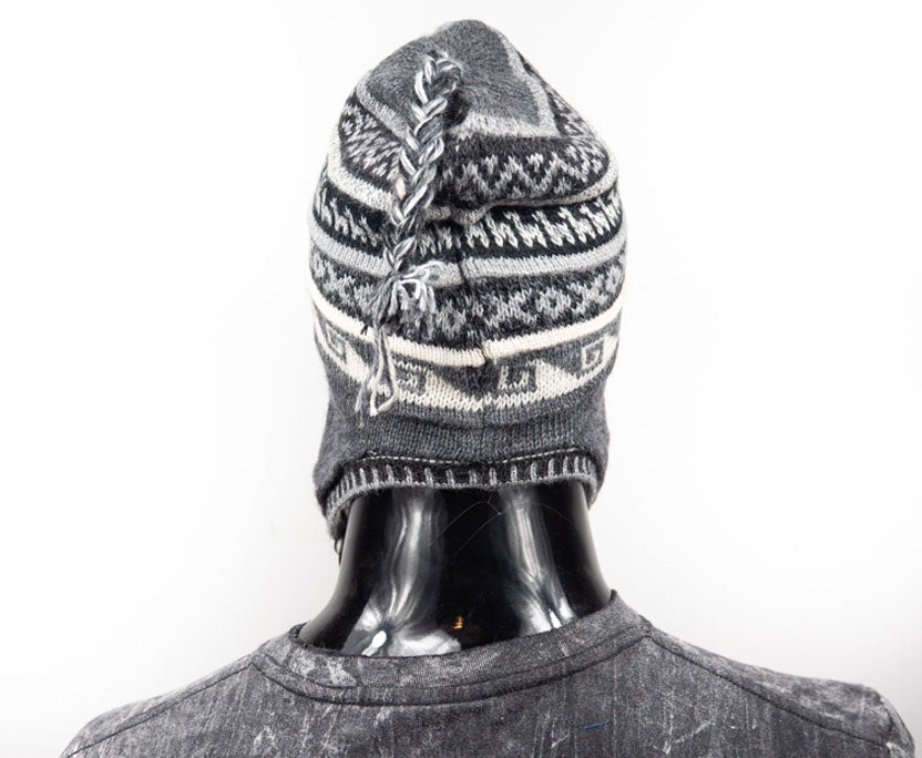 Alpaka Mütze 2in1 (Chullo) Dunkelgrau mit diversen Mustern