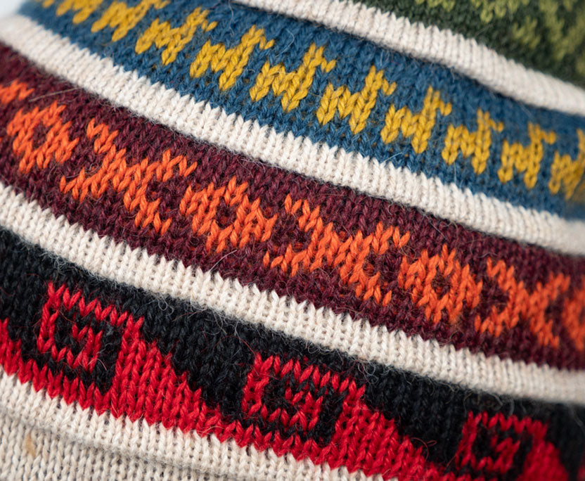 Alpaka Mütze 2in1 (Chullo) Hellbeige mit diversen farbigen Mustern