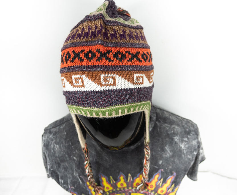 Alpaka Mütze 2in1 (Chullo) gräuliches Lila marmoriert mit diversen Mustern