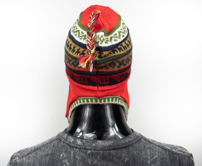 Alpaka Mütze 2in1 (Chullo) Rot mit diversen farbigen Mustern
