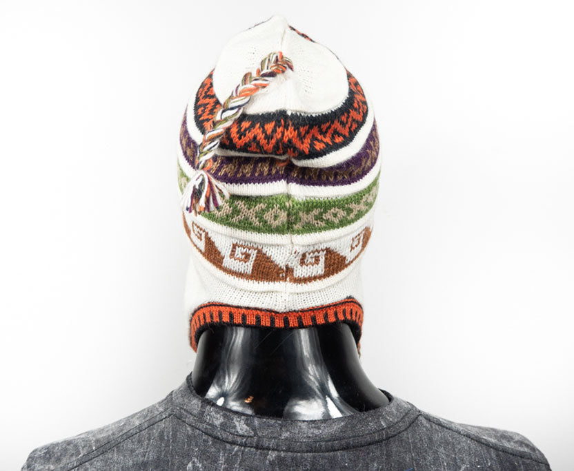 Alpaka Mütze 2in1 (Chullo) Weiß mit diversen farbigen Mustern