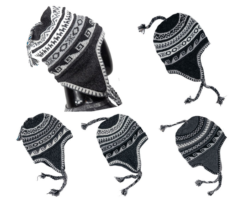 Alpaka Mütze 2in1 (Chullo) Schwarz marmoriert mit diversen Mustern