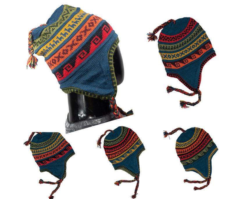 Alpaka Mütze 2in1 (Chullo) Denim Blau mit diversen farbigen Mustern