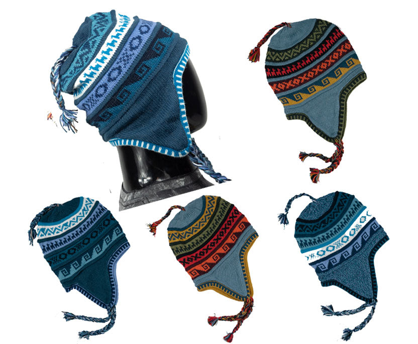 Alpaka Mütze 2in1 (Chullo) Ozeanblau mit diversen farbigen Mustern