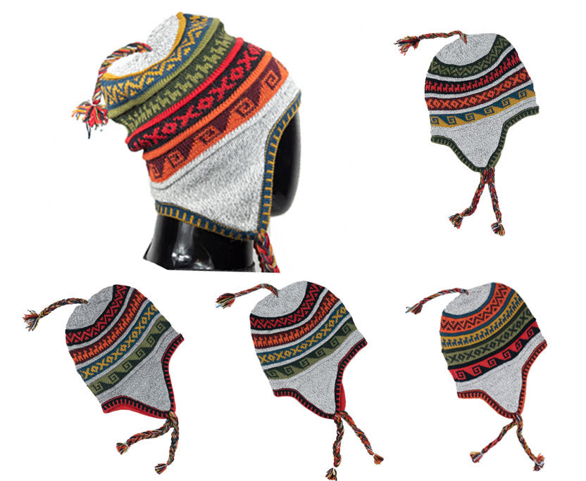 Alpaka Mütze 2in1 (Chullo) Hellgrau marmoriert mit diversen farbigen Mustern