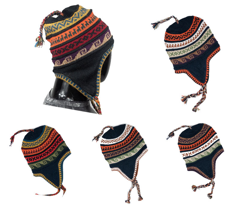 Alpaka Mütze 2in1 (Chullo) schwarz mit diversen farbigen Mustern