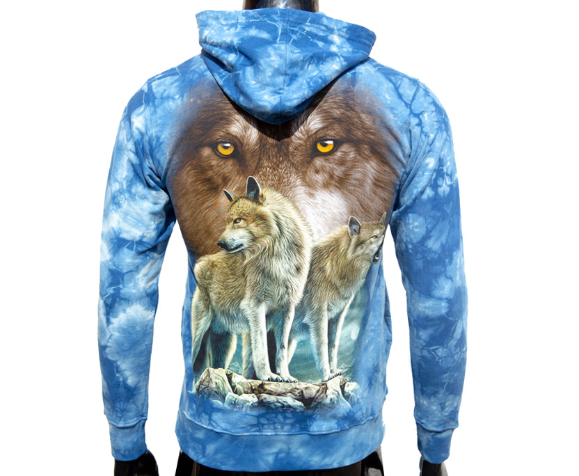 Hoodie „Wolfblick“ – Blauer Kapuzenpullover mit Wolfsdruck