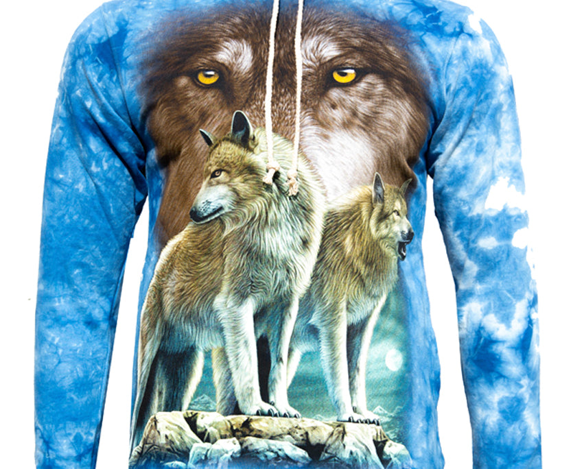 Hoodie „Wolfblick“ – Blauer Kapuzenpullover mit Wolfsdruck