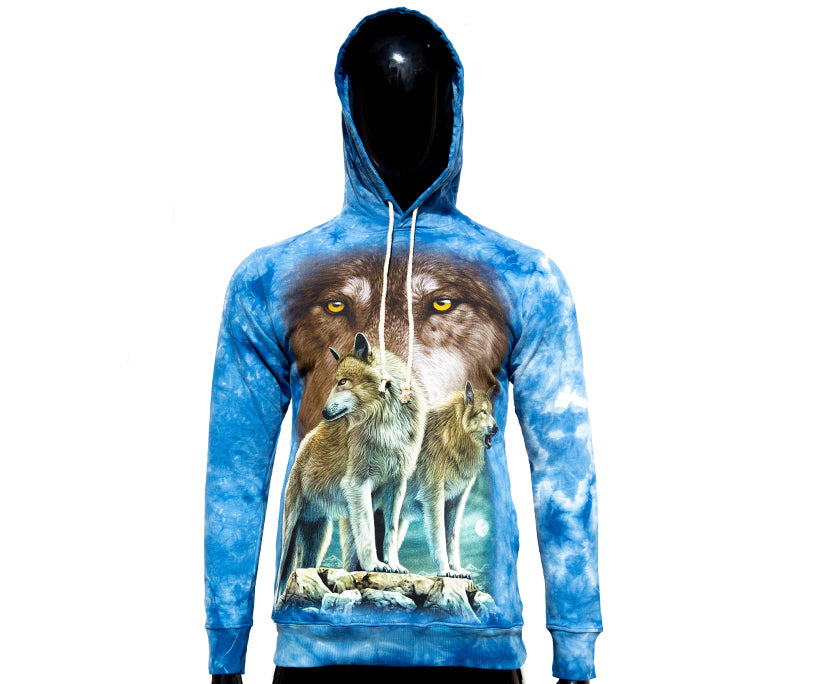 Hoodie „Wolfblick“ – Blauer Kapuzenpullover mit Wolfsdruck