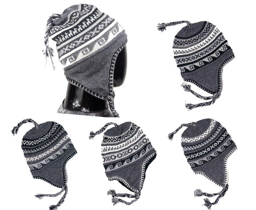 Alpaka Mütze 2in1 (Chullo) Dunkelgrau mit diversen Mustern