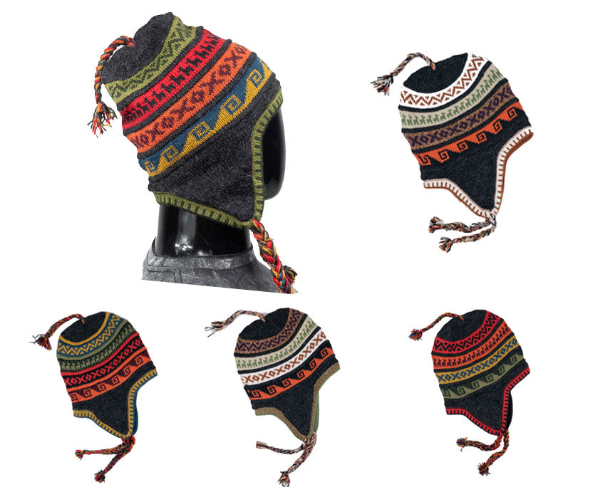 Alpaka Mütze 2in1 (Chullo) Anthrazit mit diversen farbigen Mustern