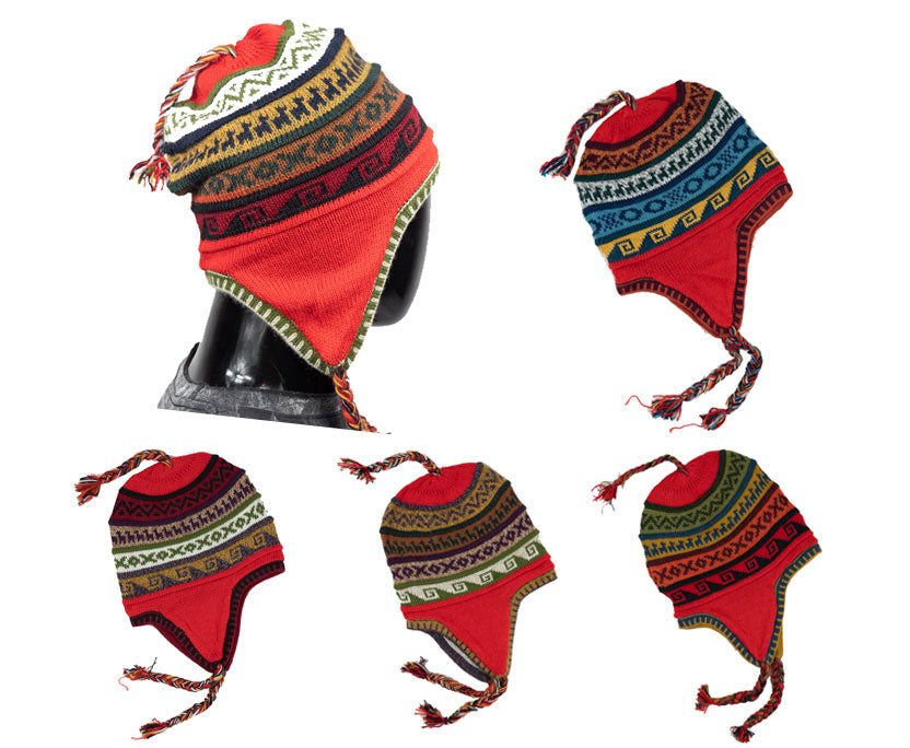 Alpaka Mütze 2in1 (Chullo) Rot mit diversen farbigen Mustern