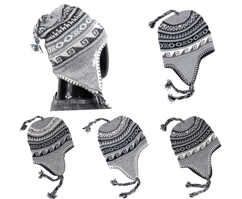 Alpaka Mütze 2in1 (Chullo) Hellgrau marmoriert mit diversen Mustern