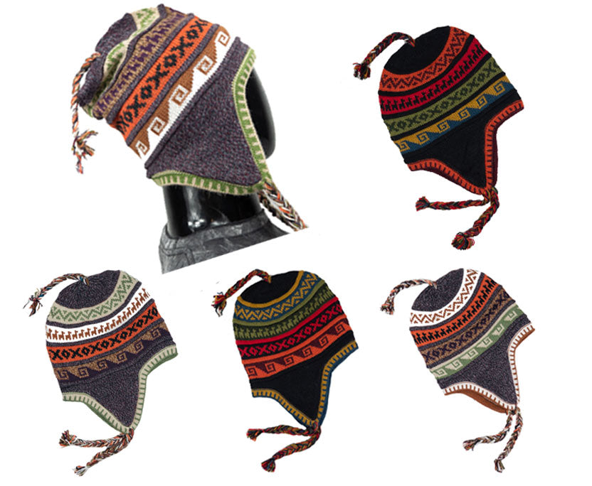 Alpaka Mütze 2in1 (Chullo) gräuliches Lila marmoriert mit diversen Mustern