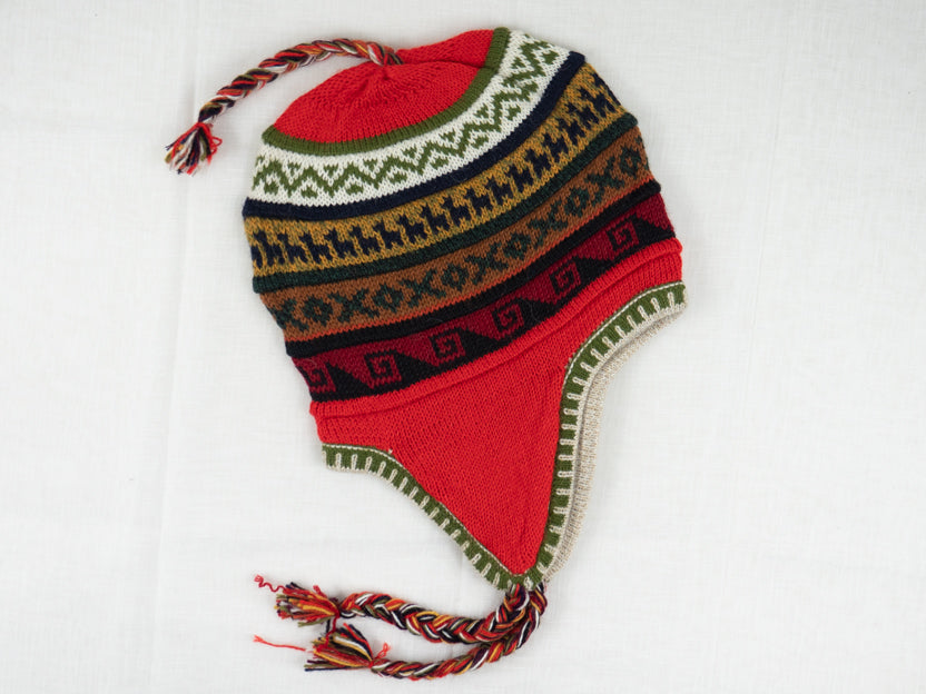 Alpaka Mütze 2in1 (Chullo) Rot mit diversen farbigen Mustern