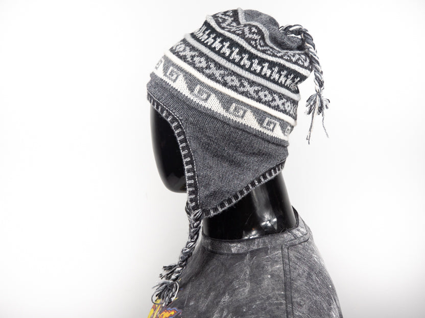 Alpaka Mütze 2in1 (Chullo) Dunkelgrau mit diversen Mustern