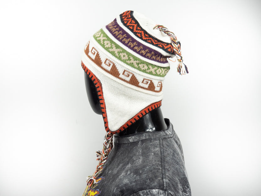 Alpaka Mütze 2in1 (Chullo) Weiß mit diversen farbigen Mustern