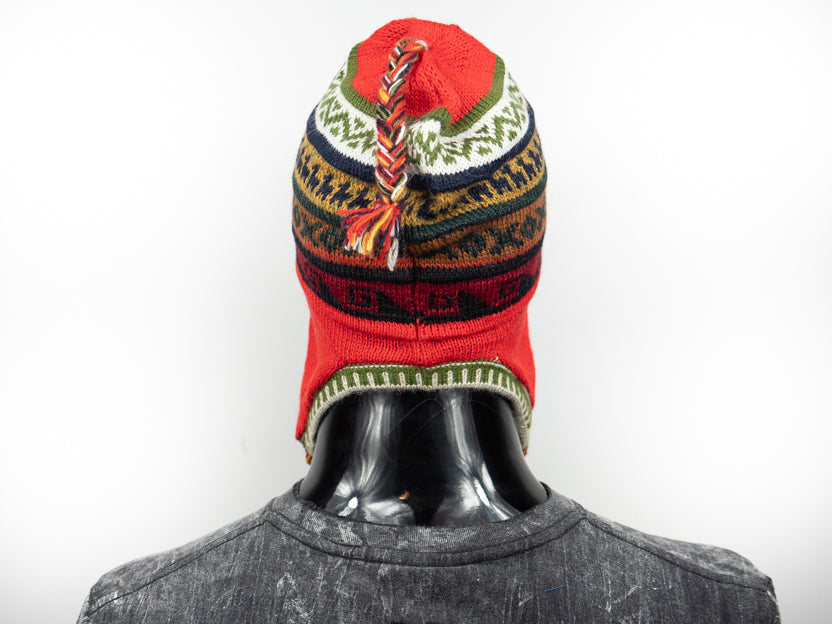 Alpaka Mütze 2in1 (Chullo) Rot mit diversen farbigen Mustern