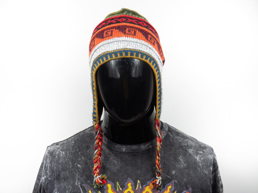 Alpaka Mütze 2in1 (Chullo) Hellgrau marmoriert mit diversen farbigen Mustern