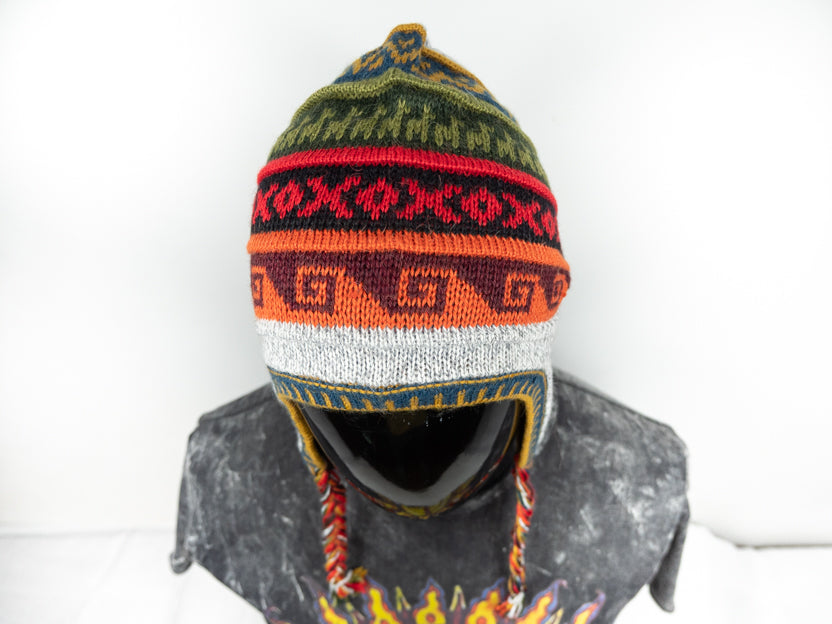 Alpaka Mütze 2in1 (Chullo) Hellgrau marmoriert mit diversen farbigen Mustern