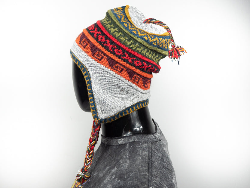 Alpaka Mütze 2in1 (Chullo) Hellgrau marmoriert mit diversen farbigen Mustern