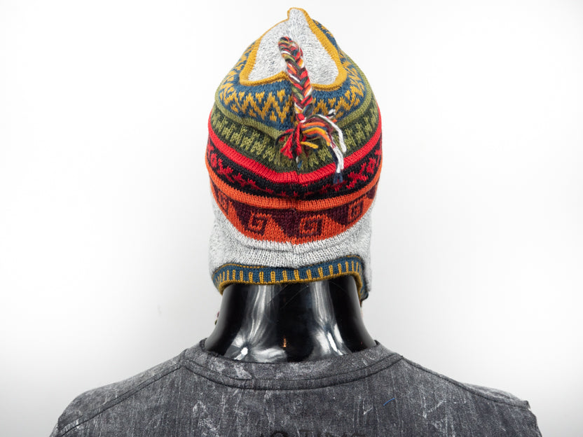 Alpaka Mütze 2in1 (Chullo) Hellgrau marmoriert mit diversen farbigen Mustern