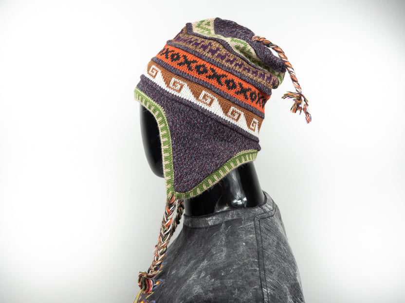 Alpaka Mütze 2in1 (Chullo) gräuliches Lila marmoriert mit diversen Mustern