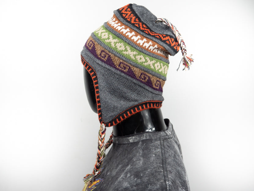 Alpaka Mütze 2in1 (Chullo) Grau mit diversen farbigen Mustern