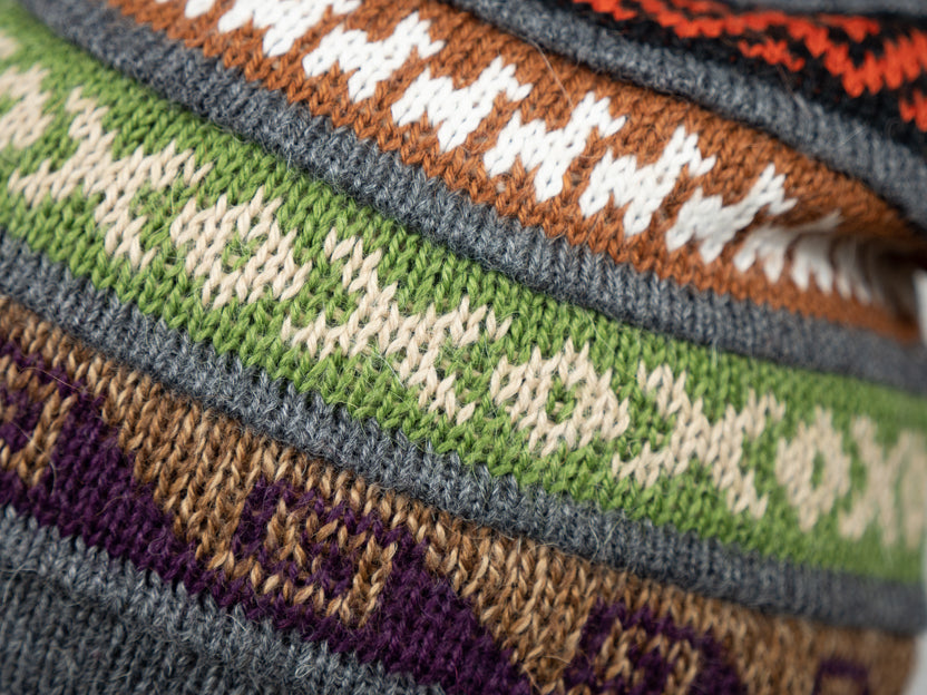 Alpaka Mütze 2in1 (Chullo) Grau mit diversen farbigen Mustern