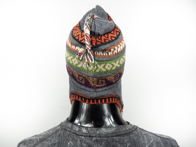 Alpaka Mütze 2in1 (Chullo) Grau mit diversen farbigen Mustern