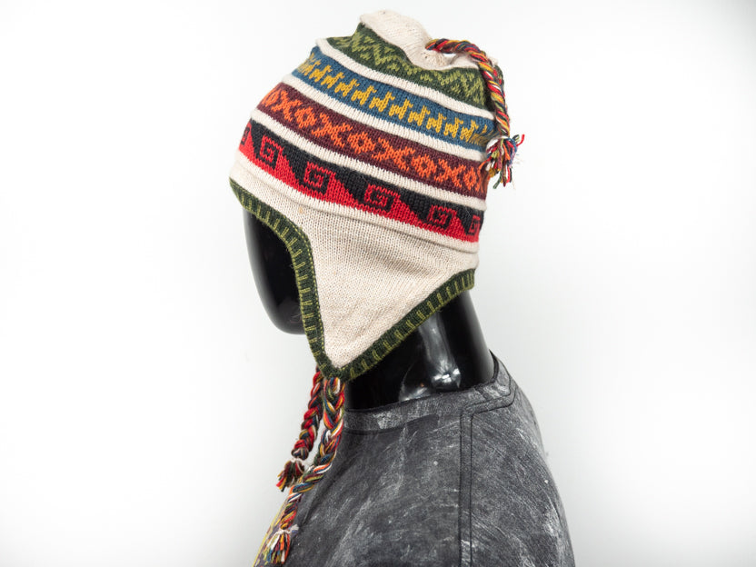 Alpaka Mütze 2in1 (Chullo) Hellbeige mit diversen farbigen Mustern