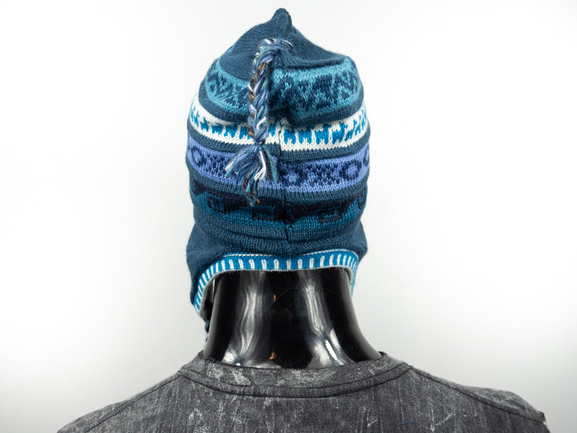 Alpaka Mütze 2in1 (Chullo) Ozeanblau mit diversen farbigen Mustern