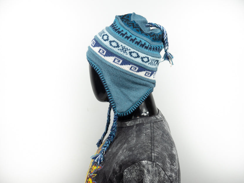Alpaka Mütze 2in1 (Chullo) Blaugrau mit diversen bläulichen Mustern