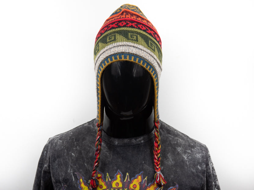 Alpaka Mütze 2in1 (Chullo) braun grau marmoriert mit diversen farbigen Mustern