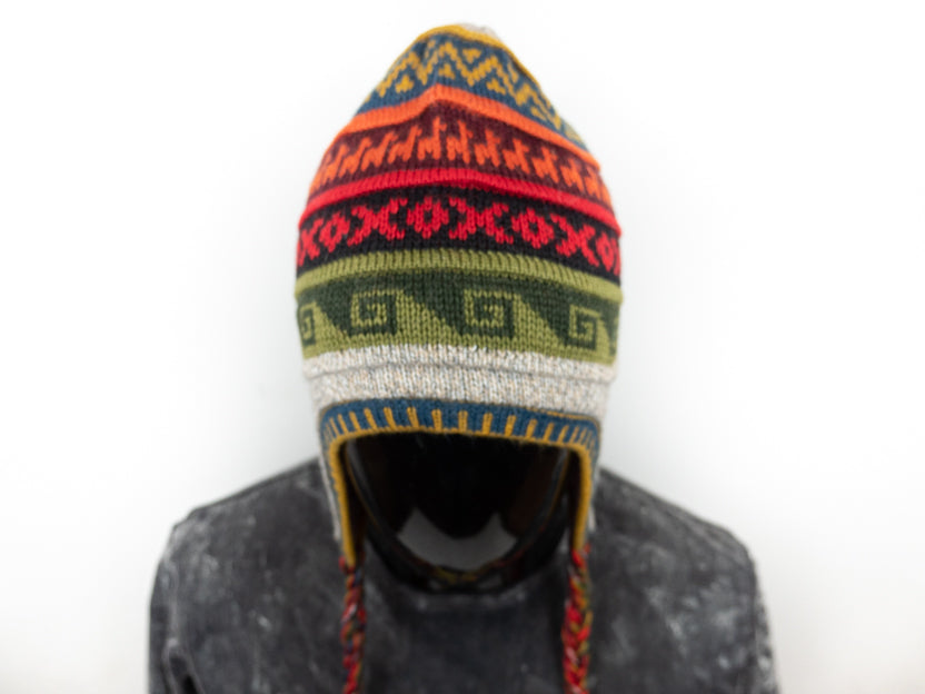 Alpaka Mütze 2in1 (Chullo) braun grau marmoriert mit diversen farbigen Mustern