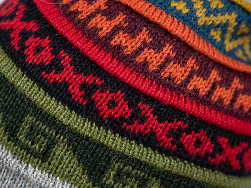 Alpaka Mütze 2in1 (Chullo) braun grau marmoriert mit diversen farbigen Mustern