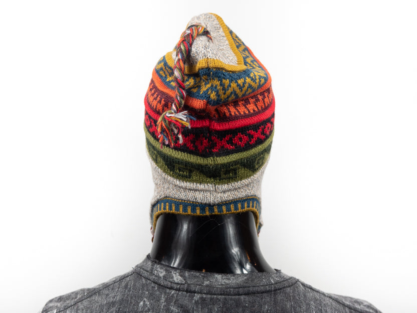 Alpaka Mütze 2in1 (Chullo) braun grau marmoriert mit diversen farbigen Mustern