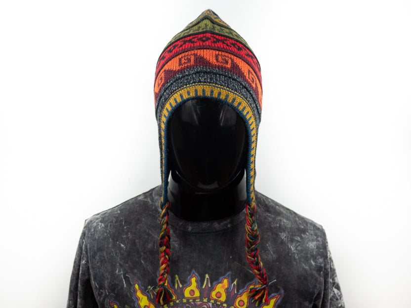 Alpaka Mütze 2in1 (Chullo) Anthrazit marmoriert mit diversen farbigen Mustern